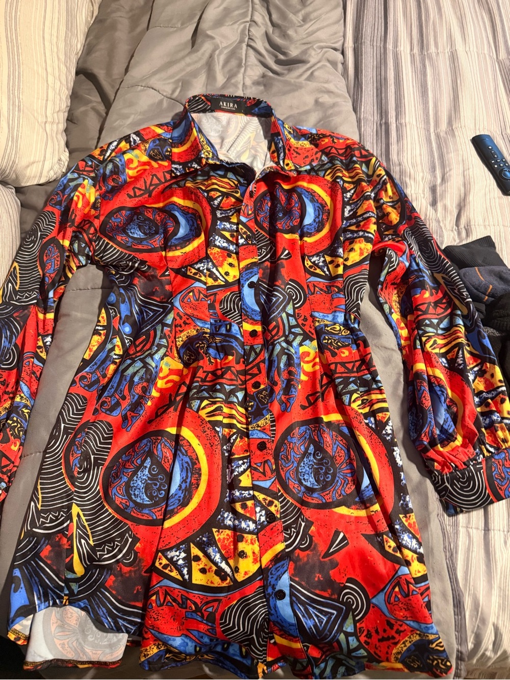 AKIRA Red Multi Abstract Button-Front Long Sleeve Dress